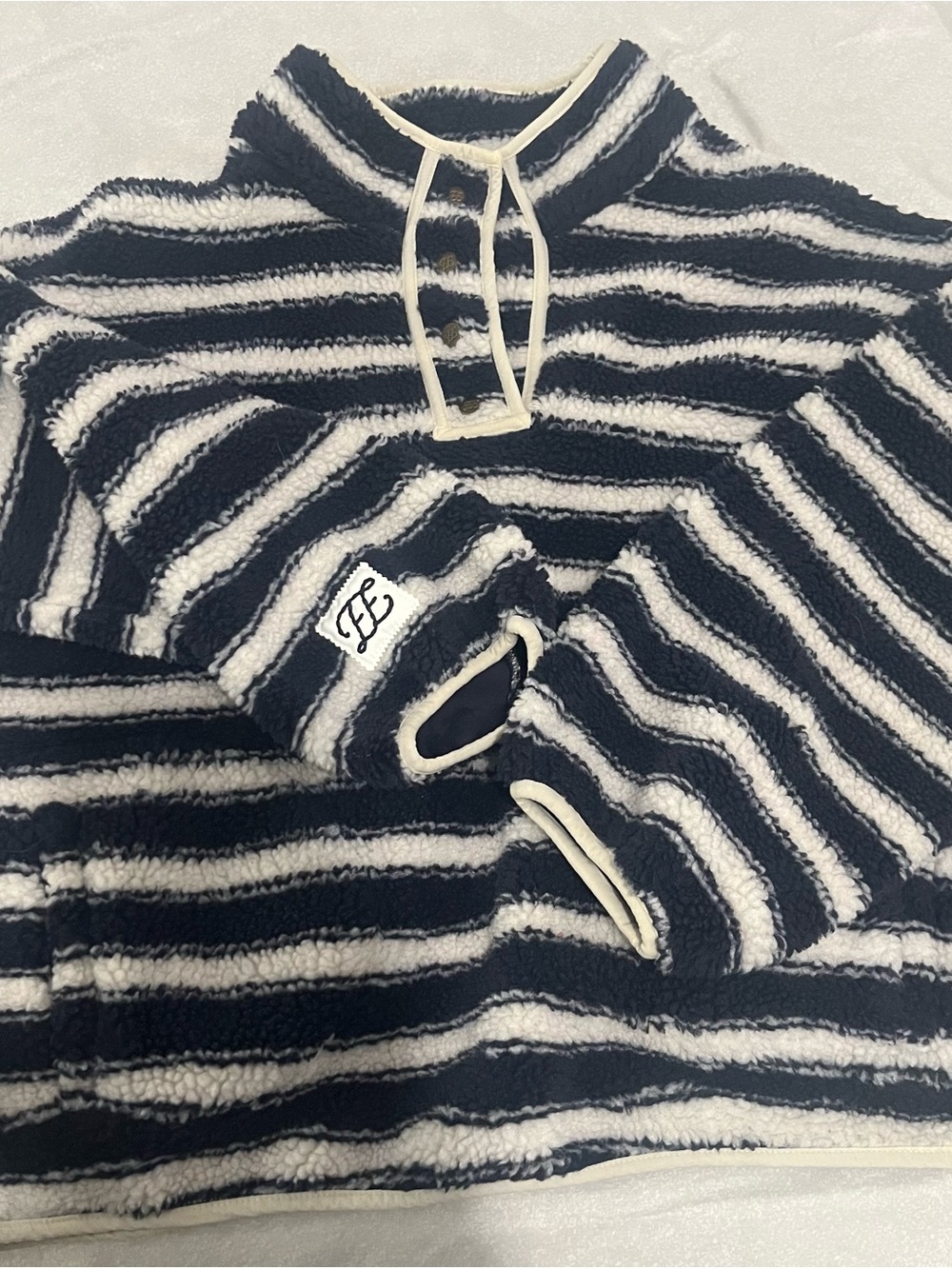 Men's Navy and White Striped Zip-Up Sherpa Sweater